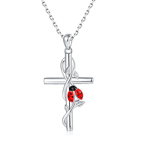 925-Sterling-Silver Cross Necklace for Women - Cute Red Ladybug Necklaces Religious Pendant Hypoallergenic Ladybug Jewelry Birthday Christmas Gift for Daughter Mother