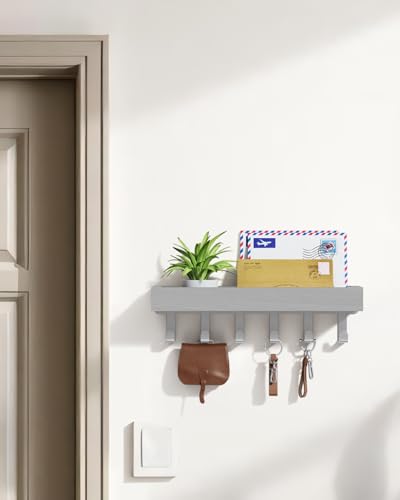 Image of Key Holder Wall Mount Magnetic Adhesive - Key Hooks Rack with shelf | Key Hanger with Mail Organizer for RV Camper Fridge Living Room Decor, Home Essentials, Grey