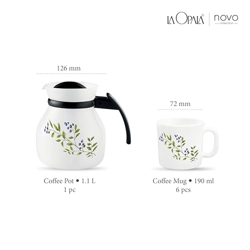 Image of La Opala Novo Collection Opal Glass Crockery | Coffee Set 7 pcs | Coffee Mug with Coffee Pot, Lush Greens | for Tea & Coffee | Microwave Safe | 100% Vegetarian | Extra Strong | Light & White