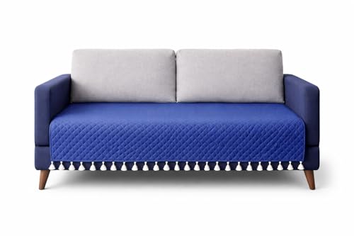 Image of VAS COLLECTIONS 3 Seater Quilted Velvet Sofa Cover with Tassels | Soft Washable Sofa Protector for Living Room | Elegant Furniture Cover for Home Decor (Blue)
