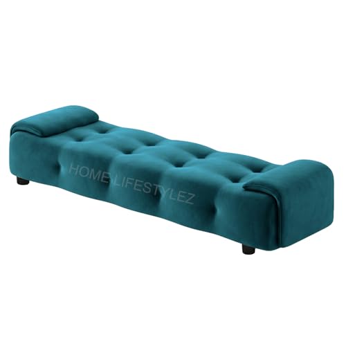 Image of Home Lifestlez Monel 2 Seater Tufted Ottoman Bench | Velvet Upholstered | Seating Bench Window Bench Footrest Stool End of Bed Bench Living Room Furniture | Comfortable & Stylish - T Blue