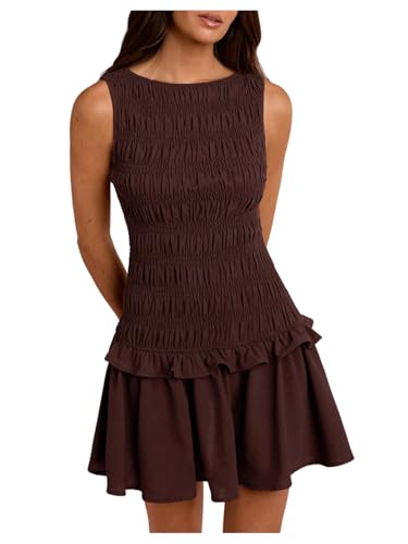 SHENHE Womens A Line Smocked Mini Dress Drop Waist Ruffle Hem Sleeveless Party Dinner Dress Brown Medium