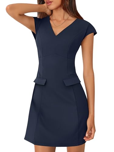 MEROKEETY Women's V Neck Work Business Dresses Elegant Formal Office Cap Sleeve Casual Mini Dress