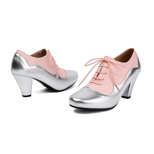 Elerhythm Women's Mary Jane 1920s Pump Heels Oxford Classic and Retro Lace Up Two Tones 1950s Vintage Round Closed Toe 1940s Shoes2