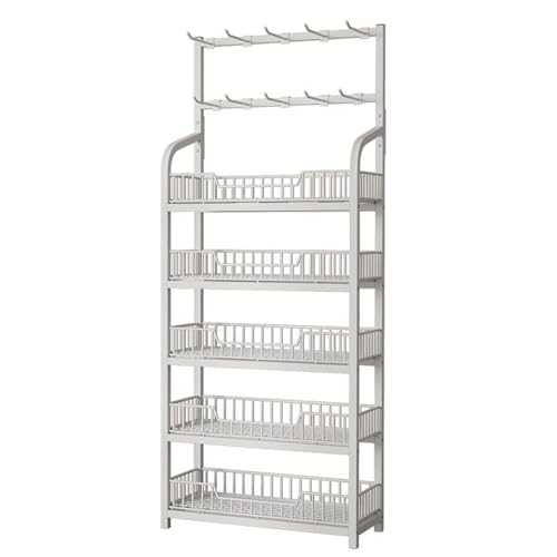 Commercial Retail Rack Display Stand 4 5 Layers, Supermarket Snack Shelf with 10 Chip Bag Hooks, Metal Convenience Stores Holder with Guardrail for Home/ Kitchen/ Pantry(White,5-Tier L19.7in/50cm)