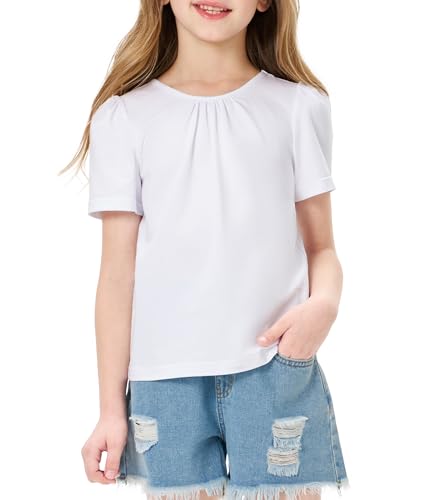 Image of Girls Casual Solid Crewneck Top Short Sleeve Soft T-Shirt with Crisscross Back Design White 4-5