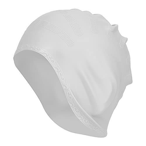 Gavigain Swim Hat, Classic Silicone Swimming Hats for Women Men Unisex High Elasticity Long Hair Ear Protector Hat Waterproof Bathing Hat for Swimming Pool (White)