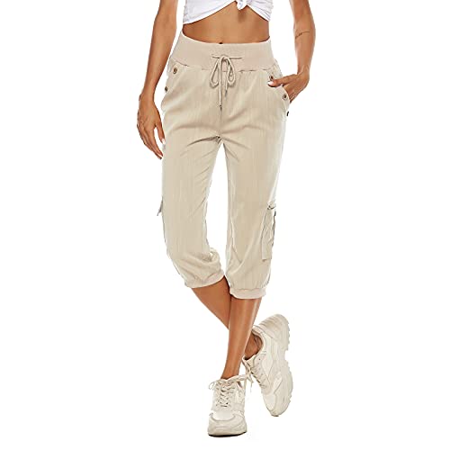 Vertvie Women Capri Pants Cargo Cropped Trouser Summer Casual Cotton Linen Pants with Pockets(Khaki,M)