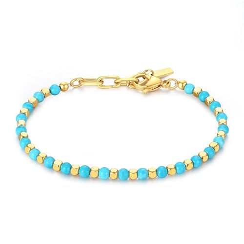 GAVU Men’s Stainless Steel Cubic Beaded Bracelet, Crystal Bracelet for Men, 7.5+1.2", Stone, synthetic-turquoise-stone