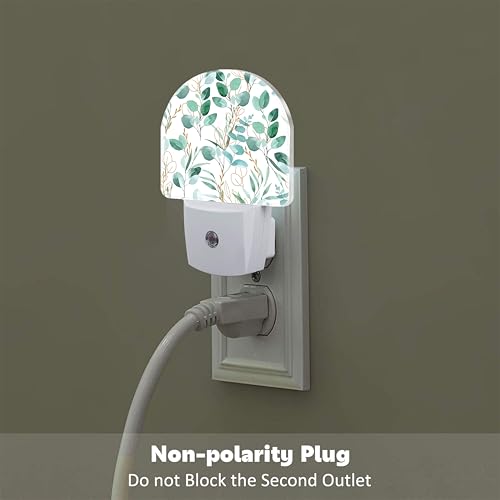 Image of Green and Gold Eucalyptus Leaves Night Light Plug into Wall,Watercolor Botanical Leaves Dusk to Dawn Night Light,0.5w Energy Saving Sleep Friendly Nightlights for Kids Boys Girls Home Decor