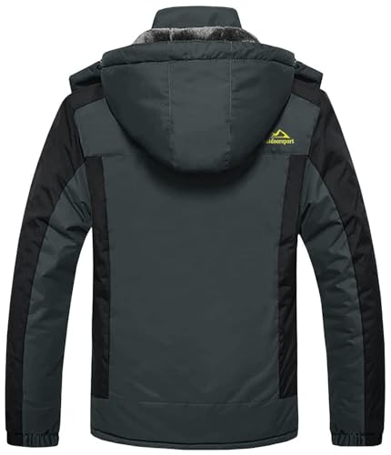 KEFITEVD Übergangsjacke Herren Warm Winter Herrenjacke mit Kapuze Fleecejacke Wasserabweisend Winterparka Männer Angelbekleidung Grau-Schwarz L