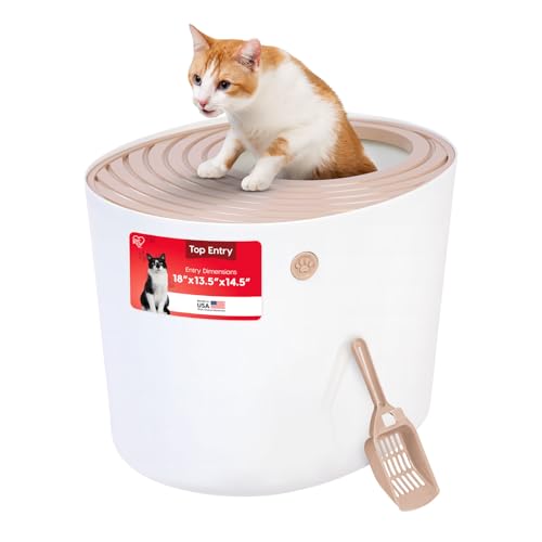 IRIS USA Cat Litter Box, Large Top Entry with Litter Catching Lid and Scoop, Dog Proof, Cat Box Enclosure, Beige/White