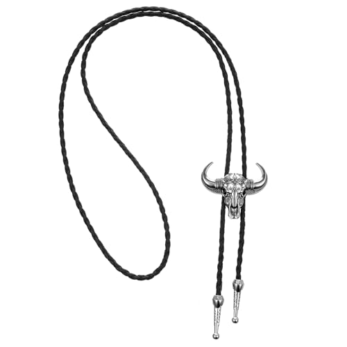 ElevateTech Bolo Tie for Men Rodeo Cowboy Leather Necktie Western Necklace Silver Bolo Necktie Cow Skull Cowboy Tie Halloween Costume Accessories Christmas Gift Men Women