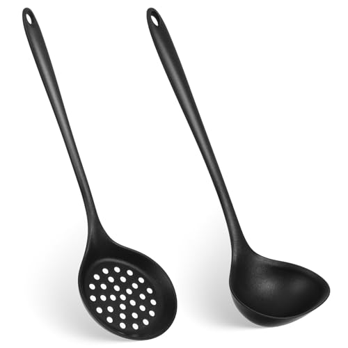 Silicone Soup Ladle Set of 2, Strainer Spoon Skimmer Slotted Spoons Non Stick Kitchen Utensils Serving Spoons Large Kitchen Solid Heat Resistant Serving Spoon for Cooking, Draining, Mixing (Black)