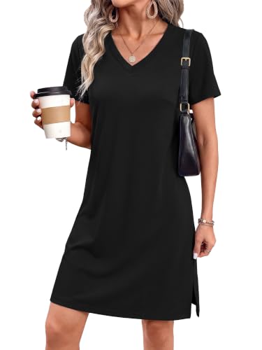 RUMIA Black Tshirt Dress Women Summer Dresses 2026 Casual Sporty V Neck S