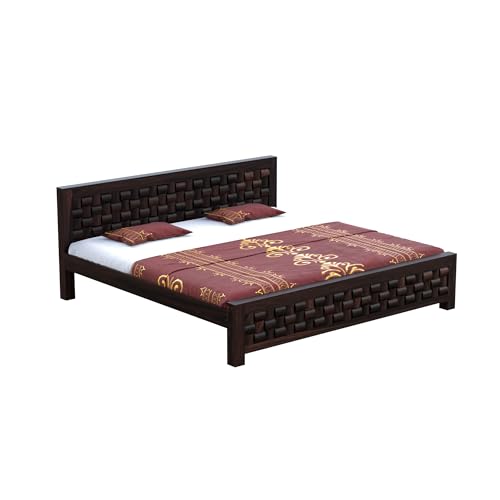 Image of Solid Sheesham Wood Queen Size Bed Without Storage | Wooden Double Bed Cot for Bedroom Furniture | Palang Double Bed for Hotels | Niwar Patti Design, Walnut