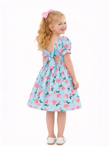 Image of Girls Floral Dress Square Neck Ruffle Sleeve Bow Back Twirl Cotton Dress