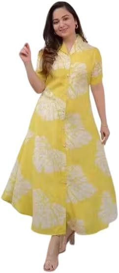 Women's Floral Print Rayon Dress, Yellow and White, Short Sleeve,