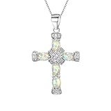 Ever Faith October Birthstone Created Oval-Shaped Opal Necklace Gift for Women Girls, Classic Cross Box Chain Pendant Necklace for Christmas/Valentine’s Day/Mother Day White Clear Silver-Tone