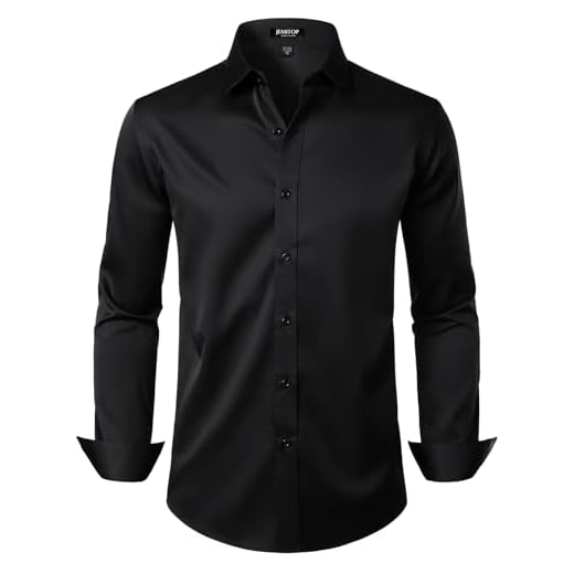 JEMITOP Men's Stretch Wrinkle Free Dress Shirts Formal Wedding Prom Long Sleeve Button Down Shirt Black L