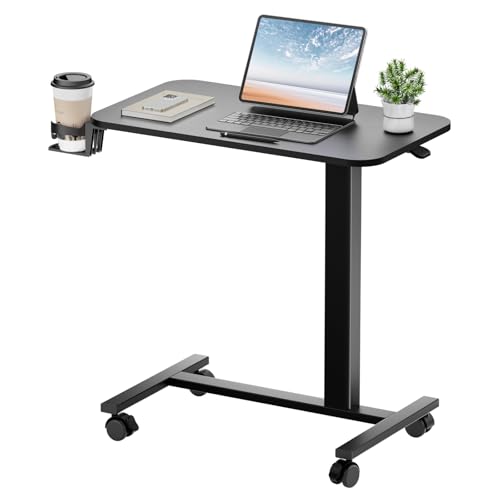 GTPLAYER Small Standing Desk with Lockable Wheels, Pneumatic Mobile Rolling Laptop Desk,Adjustable Height Overbed Bedside Table Computer Workstation for Home Office (28