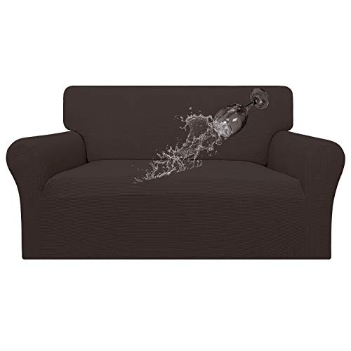Image of Easy-Going 100% Waterproof Loveseat Couch Cover Stretch Jacquard Sofa Cover | Dual Waterproof Sofa Slipcover, Leakproof Furniture Protector for Kids, Pets, Dog and Cat (Loveseat, Chocolate)