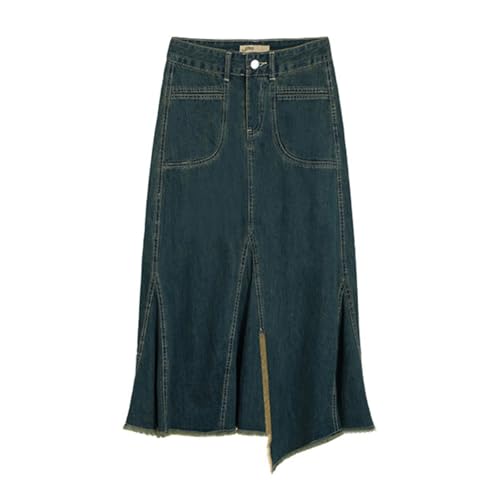 Women's Raw Edge Denim Skirt Retro Irregular Flowing Hem Front Slit Loose Casual Long Jeans Skirt with Pockets