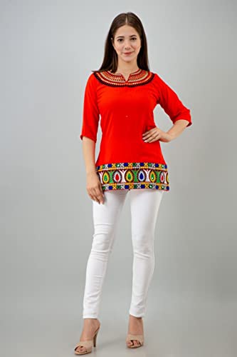 Image of Women's Rayon Embroidery Work Short Top | Short Kurti for Women | Embroidered Straight Rayon Kurta | Tunic Tops for Women