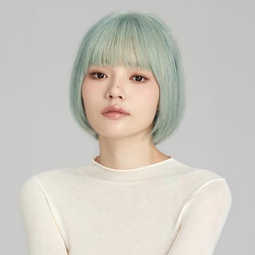Rebecca Youth ウィッグ ボブ おしゃれ トレンディカラー レディース フルウィッグ ショートストレート女装 人毛 総手植え エアーバング 分け目自由 通気 自然 (スカイブルーグレ, 25CM)