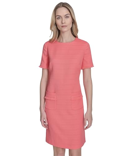 Image of Tommy Hilfiger Women's Pleated Trim Short Sleeve High Neck Shift Mini Dress