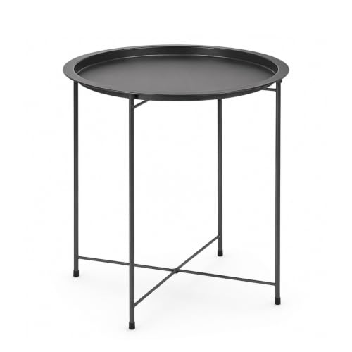 JAMAX Mesa Auxiliar Plegable de Metal para Salón y Oficina. Mesita Redonda de Café con Bandeja Extraíble Decorativa, 47x51 cm. (Gris)