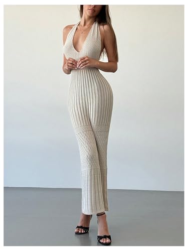 SOLY HUX Women's Crochet Knit Halter Dress Deep V Neck Sleeveless Tie Backless Bodycon Long Dresses4