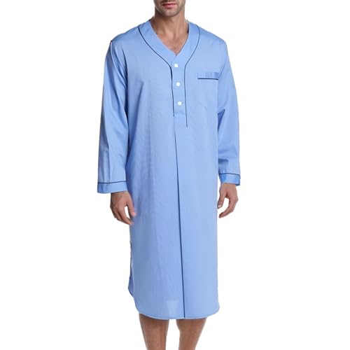 Lu's Chic Men's Long Sleeve Nightshirt Soft Nightgown Long House Coat V Neck Mid-length Oversized Sleeping