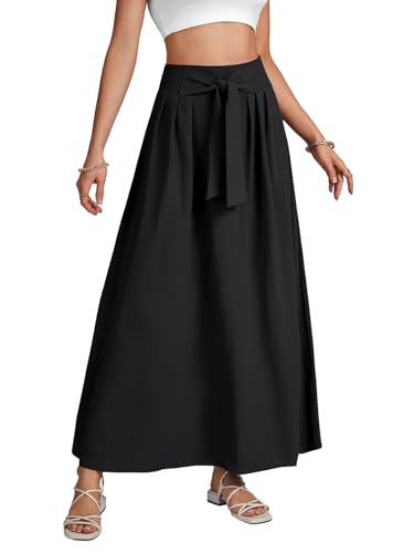 Rooscier Women's Tie Knot Front Pleated A Line High Waist Flowy Long Skirt2