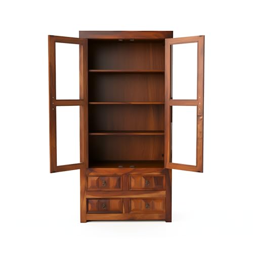 Image of SONA Art & Crafts Wooden Crockery Cabinet with Glass Door | Wooden Book Shelf for Home Library | Bookshelf Crockery Unit for Home & Kitchen Living Room (Natural Brown)