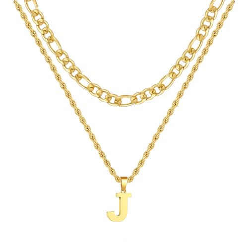 WEDDINEN Gold Initial J Necklace for Men Boys, Layered Stainless Steel Letter Necklaces Chain Jewelry Mens Easter Basket Essentials Stuffers Gifts for Him Teen Boys Cadenas Para Hombre