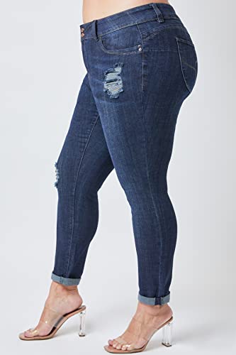 Ymi Women’s Junior Plus Size Wannabettabutt Distressed Stretchy Mid-Rise Roll-Up Cuffed Denim Jeans(Rips+Whiskers D2061, 18) #TOP2