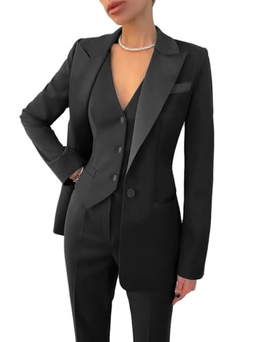 Business Women Suit Set 3 Pieces Notch Lapel Single Breasted Vest for Office Work Lady Suits (Blazer+Vest+Pants)(Black,12)