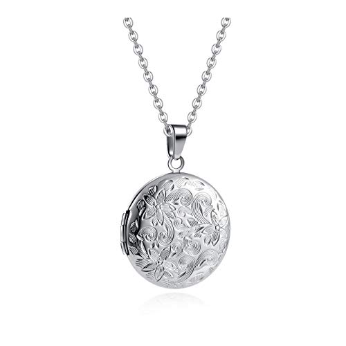 PiercingJak Collier Photo Médaillon Pendentif Rond Ouvrant Personnalisé Graver Fleur Vintage Porte Photo Acier Inoxydable Argent Bijoux Cadeau Femme...