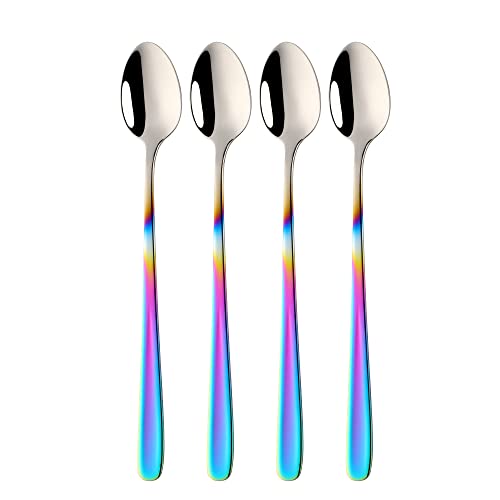 BISDARUN 18/10 Edelstahl Latte Löffel Gradienten Regenbogen EIS Teelöffel, 4 Stück Lange Griff Eisbecher Löffel für heiße Schokolade heißes Getränk, Spülmaschine sicher Cover