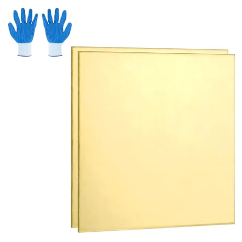 MECCANIXITY Brass Sheet, 2" X 2" 12 Gauge(2.5mm) Thickness H62 Brass Metal Plates Thin Metal Sheets with Gloves for Craft DIY Model Jewelry Electrical Repair Industrial, Pack of 2, Gold