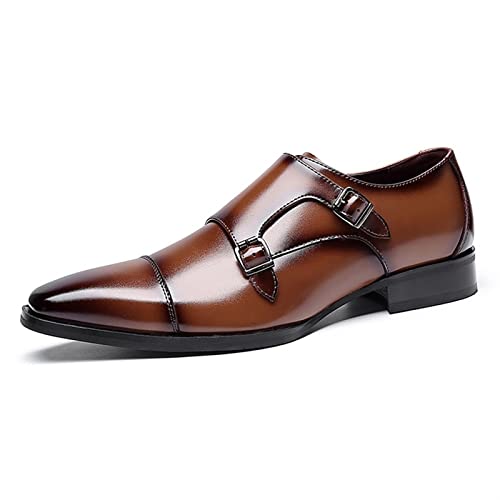 HOOENG Dress Shoes for Men Slip on Double Monk Strap Burnished Toe Cap Toe Leather Rubber Sole Anti-Slip Slip Resistant Casual