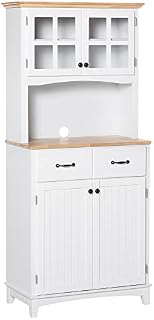 HOMCOM Freestanding Kitchen Cupboard, Kitchen Storage Cabinet with Framed Glass Doors, 2 Drawers, Microwave Counter, White