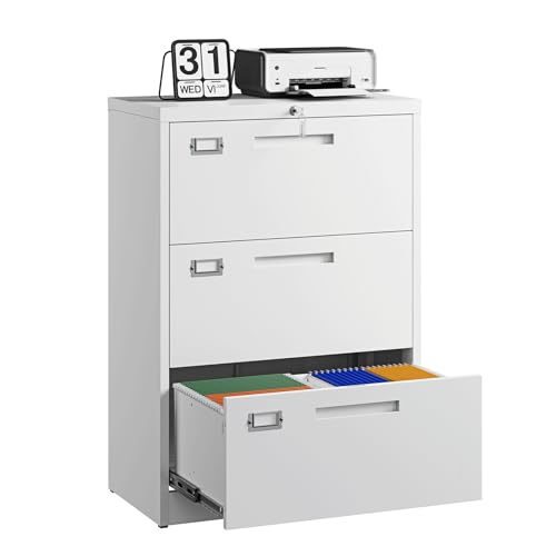 Image of Letaya 3 Drawer File Cabinets with Lock,Metal Lateral Filing Storage Cabinet Printer Stand,White Steel Home Office Cabinet for Hanging Files Letter /Legal /A4 Size (White, H39.84xW28.35xD15.74)