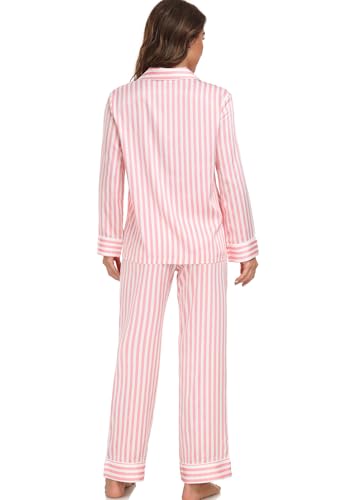Image of Serenedelicacy Women's Satin Pajama Set Long Sleeve Button Down Sleepwear 2-Piece Silky Pj Set