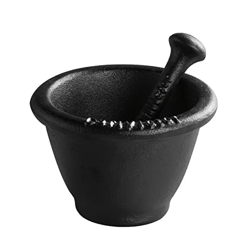 Juego de mortero y maja de hierro fundido grande de acero inoxidable con prensa de ajo, molinillo de especias de hierro negro, triturador de ajo hecho a mano