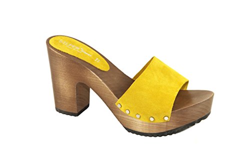 Silfer Shoes Zueco de mujer - Made in Italy - Sandalias de mujer - Artesanal - Zueco de auténtica madera y piel de ante, color amarillo Amarillo Size: 39 EU Cover