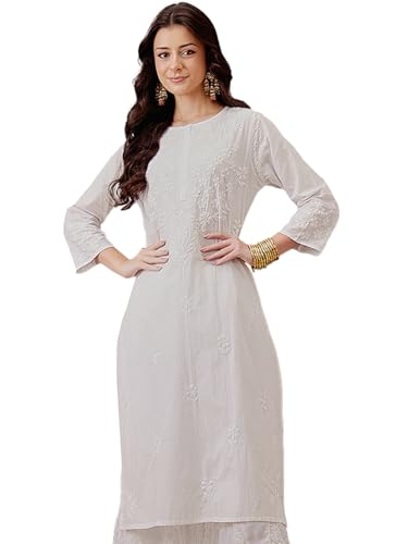 Image of Ada Hand Embroidered Lucknow Chikankari Straight Cotton Kurta Kurti Tunic for Women A411475 White
