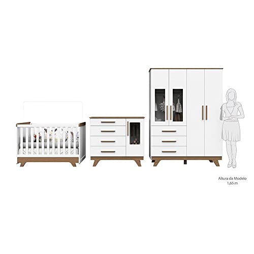 Quarto de Bebê Completo com Guarda Roupa 4 Portas, Berço Mini Cama e Cômoda Espresso Móveis Branco B