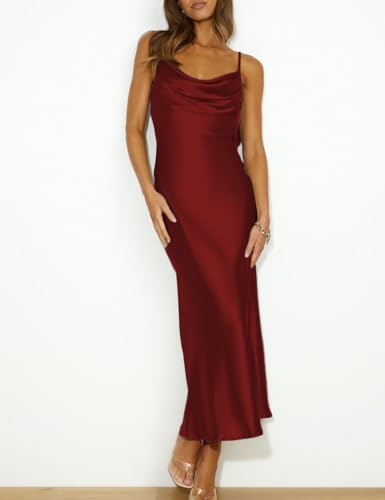 Image of Summer Satin Spaghetti Strap Cowl Neck Backless Midi Dresses for Women Elegant Tie Low Back Ruched Cocktail Dress